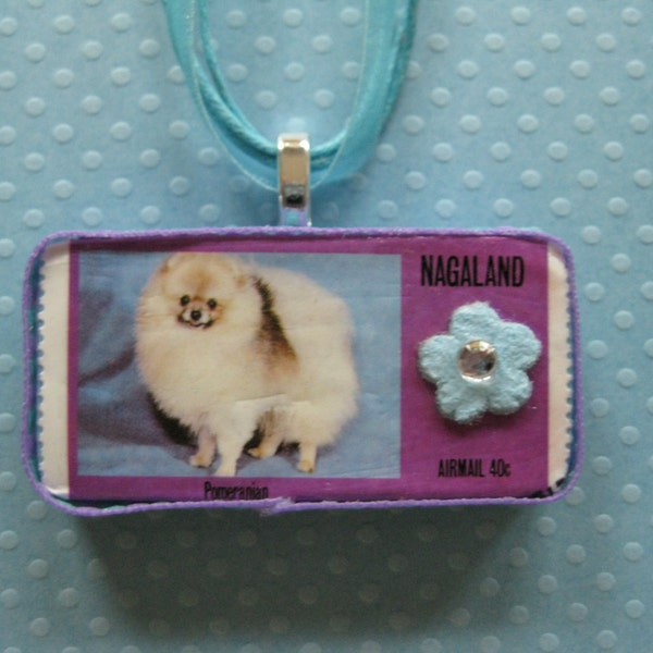 Handcrafted Vintage Indian (Nagaland) Postage Stamp Perky Pomeranian Dog Pendant