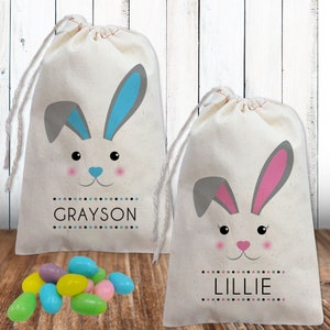 Custom Easter Gift Bags for Kids - Personalized Pink or Blue Modern Bunny Easter Treat Bags - Canvas Party Favor Bags with Names