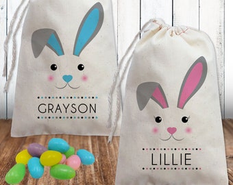 Custom Easter Gift Bags for Kids - Personalized Pink or Blue Modern Bunny Easter Treat Bags - Canvas Party Favor Bags with Names