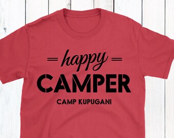 Boys Camp Shirt Personalized - Happy Camper TShirt with Name - Summer Camp Care Package Gift for Kids - Day Camp or Sleepaway Camp Tees