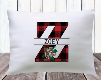 Christmas Pillows - Monogrammed Pillowcase with Plaid Initial and Name - Personalized PIllow Cover - Custom Plaid Bedding - Cabin Home Decor