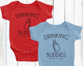 Drinking Buddies Twin Baby Gift - Funny Twin Baby Clothes Set - Matching Newborn Twin Outfits - Personalized Bodysuits for Twin Boys