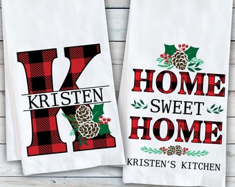 Holiday Tea Towels - Plaid Christmas Dish Towel Set - Monogram Tea Towels - Buffalo Check Plaid Home Decor - Personalized Cotton Dish Cloths