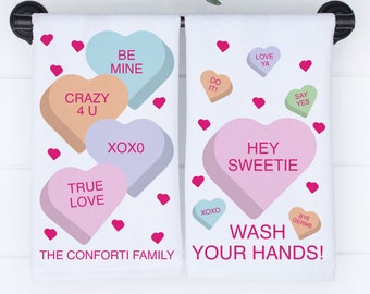 Valentine's Day Hand Towels - Valentines Home Decor - Custom Bathroom Towel Set, Funny Candy Heart Valentines Decorations for Guest Bathroom