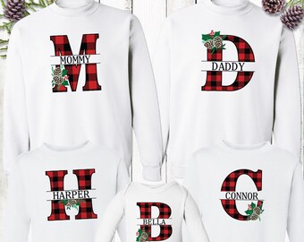 Plaid Monogram Christmas Sweatshirt: Buffalo Check Family Holiday Shirt