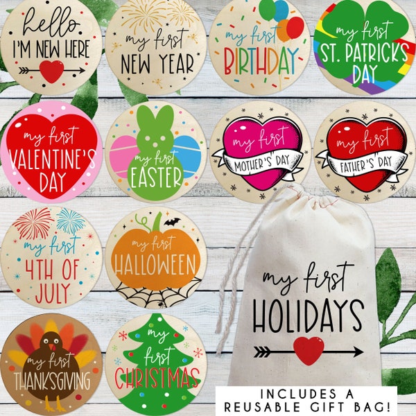 Baby's First Holidays Wood Milestone Markers - New Baby Photo Props - Set of Round Signs for 1st Year of Holidays - Newborn Baby Shower Gift