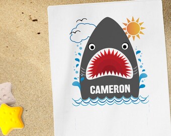 Kids Custom Beach Towel - Shark Gift for Boys - Summer Camp Towels - Funny Beach Vacation Gifts - Personalized Pool Towel for Toddler Boy