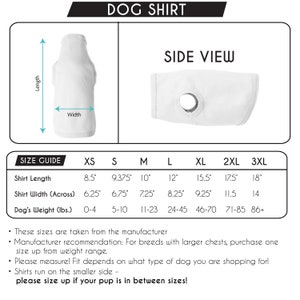 Op de afbeelding: Maattabel voor hondenoverhemden met metingen in inches voor de lengte van het overhemd, de breedte van het overhemd en het gewicht van de hond in pond. De tabel bevat de maten XS, S, M, L, XL, 2XL en 3XL.