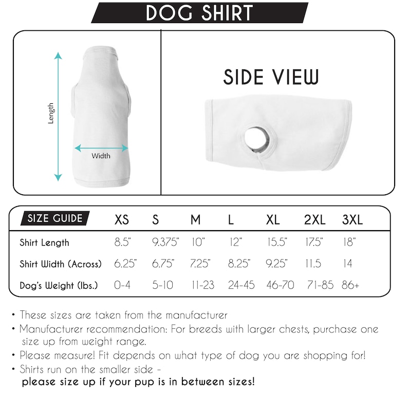 Op de afbeelding: Maattabel voor hondenoverhemden met metingen in inches voor de lengte van het overhemd, de breedte van het overhemd en het gewicht van de hond in pond. De tabel bevat de maten XS, S, M, L, XL, 2XL en 3XL.
