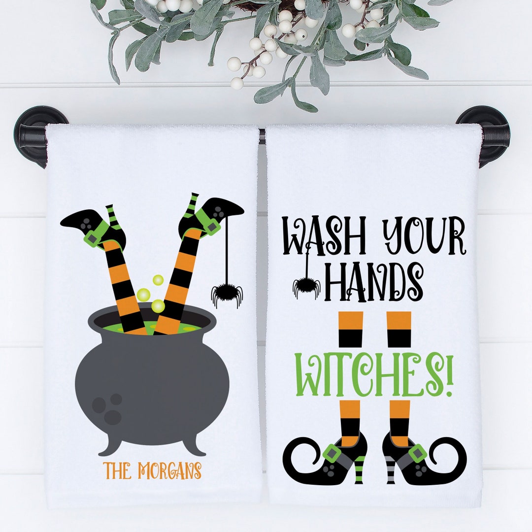 Halloween Hand Towels, Wash Your Hands Witches Custom Bathroom Towel