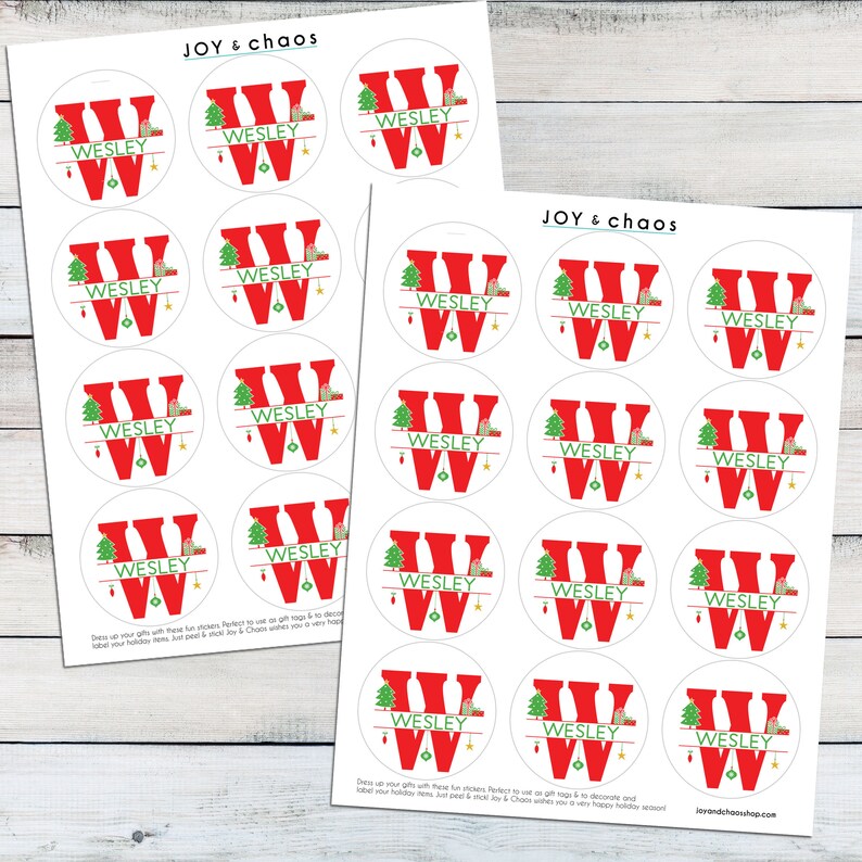 May include: Printable sheet of 18 round Christmas gift tags featuring a red letter W with a green Christmas tree and presents. The name "Wesley" is printed on each tag.