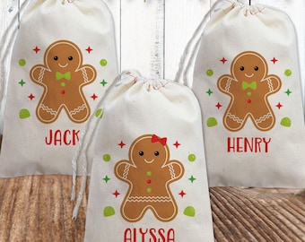 Christmas Gift Bag Set with Names - Pack of Kids Holiday Favor Bags & Gift Wrap - Gingerbread Cookie Boy or Girl