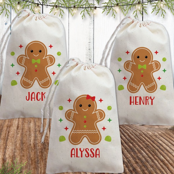 Christmas Gift Bag Set with Names - Pack of Kids Holiday Favor Bags & Gift Wrap - Gingerbread Cookie Boy or Girl