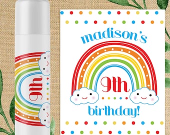 Kids Rainbow Party Favors - Personalized Bulk Lip Balm Labels - Girls Rainbow Birthday Party Supplies - Custom Chapstick Favor Stickers