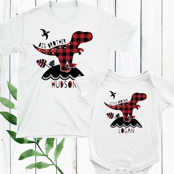 DInosaur Big Brother Shirts - Matching Brother Outfits - Sibling Shirt Set - Dinosaur Brother T-Shirts - Kids Plaid Clothing - Buffalo Check