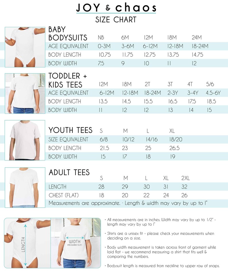 May include: Size chart for baby bodysuits, toddler and kids tees, youth tees, and adult tees. The chart lists age equivalents, body length, and body width in inches.