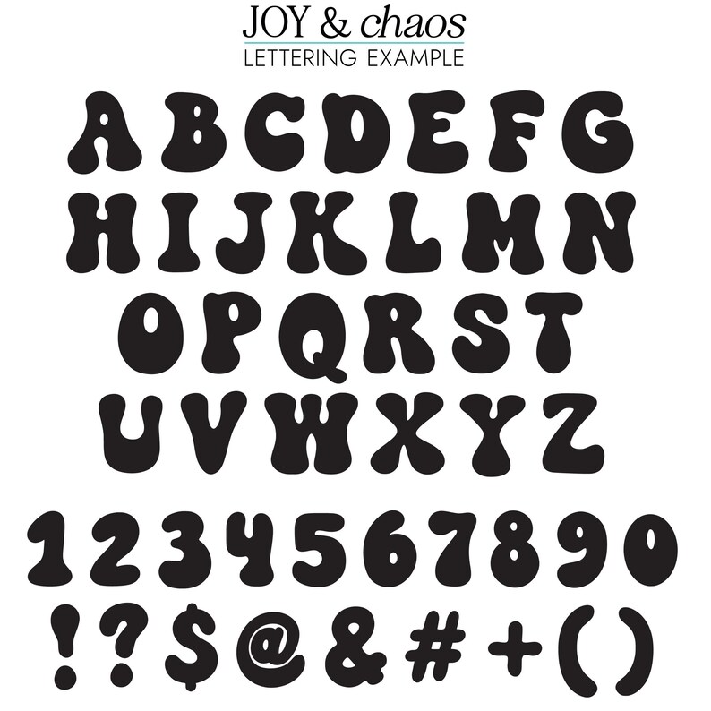 May include: A black alphabet set featuring uppercase letters A through Z, numbers 0 through 9, and symbols including ! ? $ @ & # + ( ). The text JOY & chaos LETTERING EXAMPLE is displayed at the top in a black serif font on a white background.