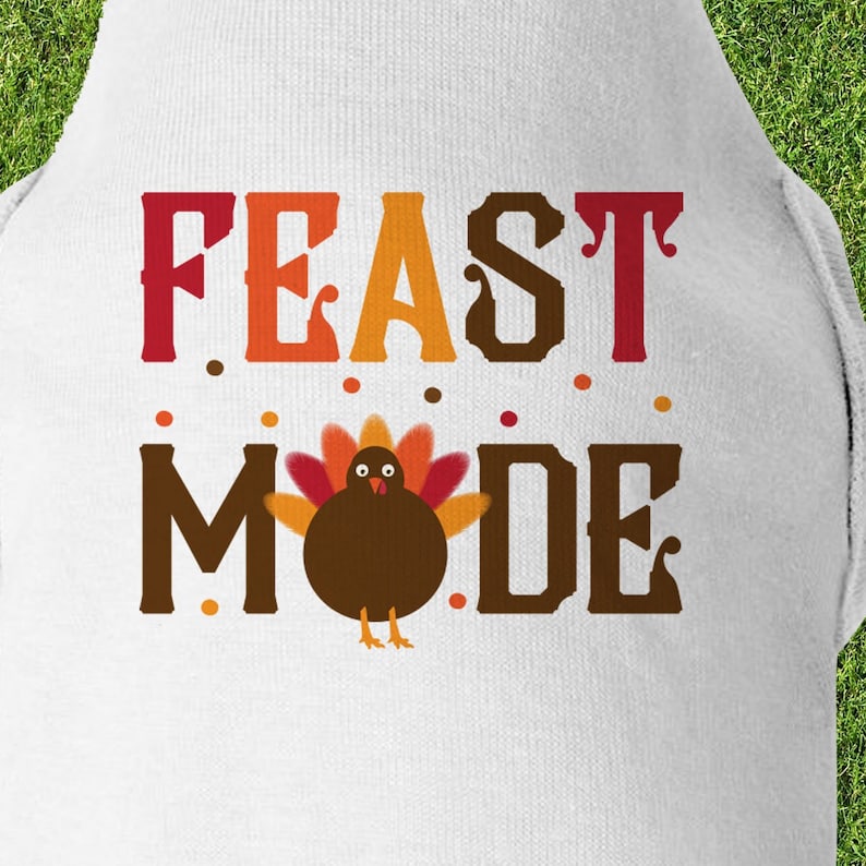 Op de afbeelding: Wit T-shirt met de tekst "Feast Mode" in bruine, oranje en rode letters. Een cartoon-kalkoen met bruine veren en een rode keellap zit in het midden van de tekst.
