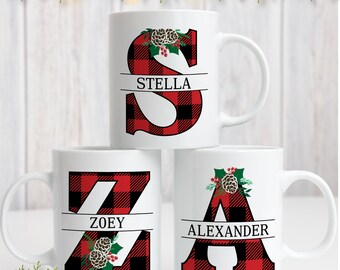 Plaid Monogrammed Mugs - Christmas Mug Set for Family - Personalized Hot Chocolate Cup - Buffalo Check Plaid Custom Coffee Mug with Name
