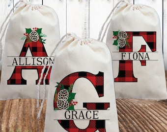 Christmas Gift Bags for Adults - Plaid Monogram Bags - Personalized Canvas Gift Bags - Buffalo Check Plaid Gift Wrap - Holiday Bag with Name