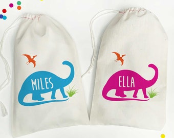Personalized Dinosaur Party Favor Bags with Name | Custom Dino Birthday Goodie Bags or Canvas Backpack