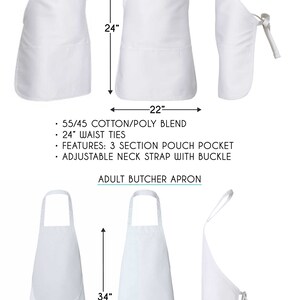 May include: Two white butcher aprons with adjustable neck straps and waist ties. The apron on the left is 34 inches long and 28 inches wide. The apron on the right is 24 inches long and 22 inches wide. Both aprons have a three-section pouch pocket.