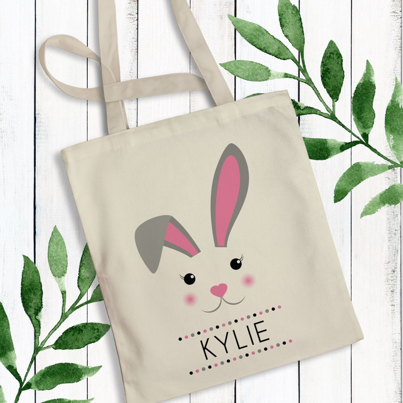 Personalized Easter Tote Bags for Kids Custom Childrens Monogrammed Easter Gift Bags Minimalist Easter Bunny Bags for Boys Girls image 3