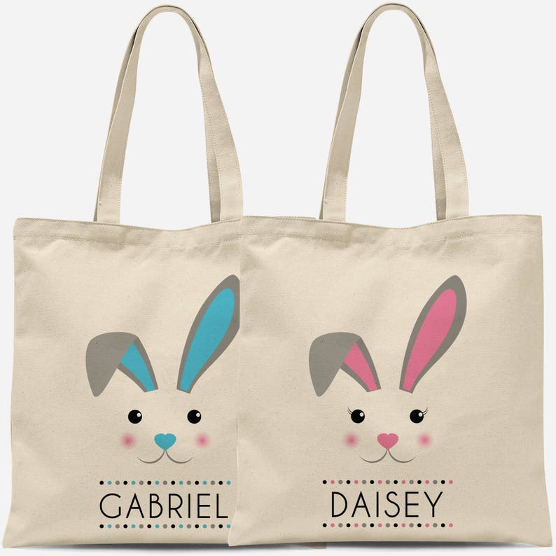 Personalized Easter Tote Bags for Kids Custom Childrens Monogrammed Easter Gift Bags Minimalist Easter Bunny Bags for Boys Girls image 1