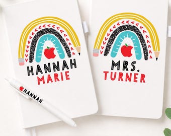 Personalized School Rainbow Notebook with Pen | Student & Teacher Journal | Back to School Gift