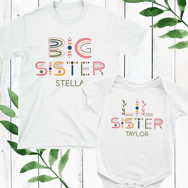 Boho Big Sister + Little Sister Outfits - Matching Sister Shirts - Personalized Big + Lil Sister Shirt With Name - Big Sister Dog Bandana