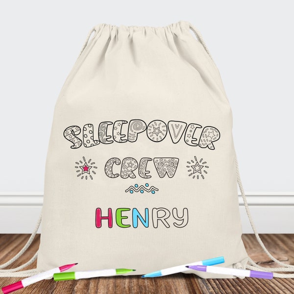 Sleepover Party Favors for Boys, Slumber Party Bag, Color In Bag Activity for Kids, Coloring Backpack with Name, Drawstring Canvas Backpack