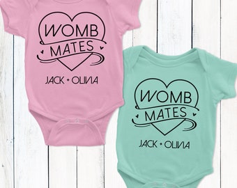 Womb Mates Bodysuits - Funny Twin Baby Shower Gift - Newborn Baby Clothing for Twin Boys & Twin Girls - Personalized Matching Twin Outfits