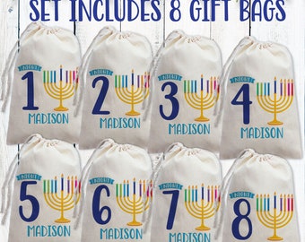 Hanukkah Gift Bag Set for Kids - Personalized 8 Nights of Chanukah Countdown Wrapping