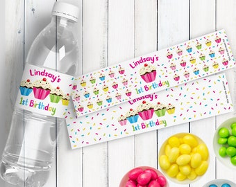 Cupcake Birthday Decorations - Toddler Girls Birthday Party Supplies - Cupcake Birthday Water Bottle Labels - Kids Baking Party Decorations