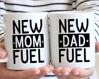 Gift for New Parents, New Mom + New Dad Fuel Mug Set, Funny Coffee Mugs for First Time Mom and Dad, Unique Baby Shower Gift for Parents