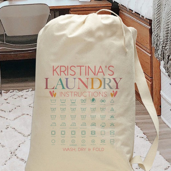 College Laundry Bag - Personalized Canvas Laundry Bag - Girls Boho Dorm Laundry Sack - XL Large Drawstring Laundry Bag with Strap Handles