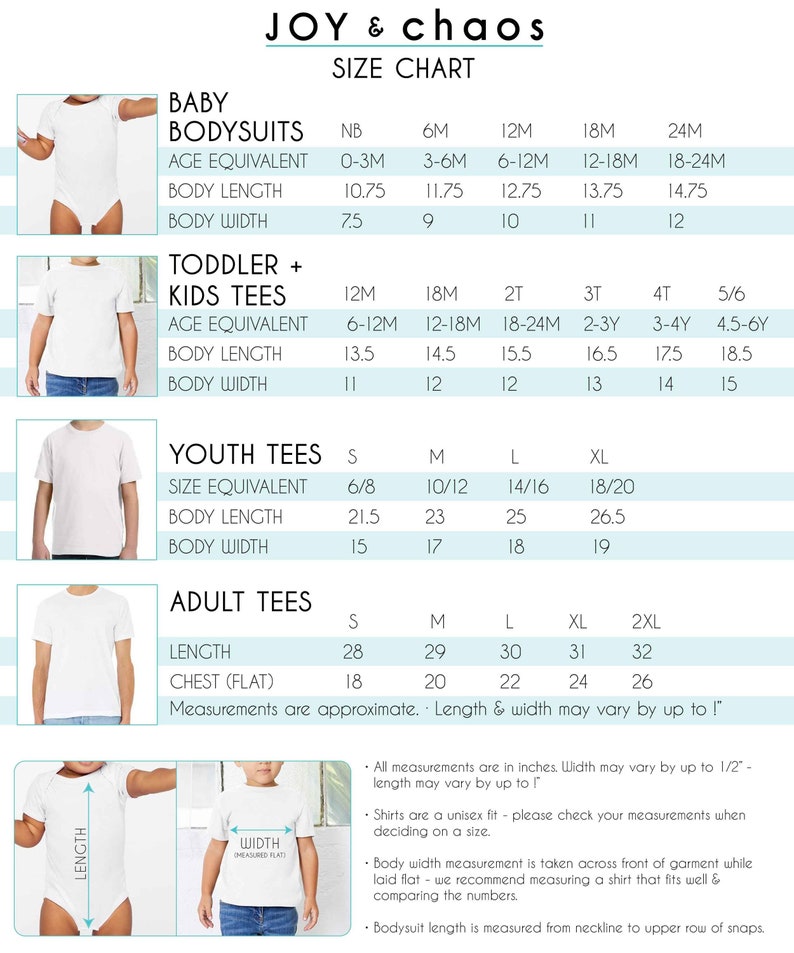 Pode incluir: Tabela de tamanhos para bodies de beb&ecirc;, camisetas para crian&ccedil;as pequenas e crian&ccedil;as, camisetas para jovens e camisetas para adultos. A tabela mostra os equivalentes de idade, o comprimento do corpo e a largura do corpo em polegadas.
