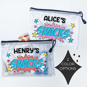 May include: Two clear, zippered pouches with black trim and pull cords. Each pouch has a comic book style design with the name "Alice's" and "Henry's" above the word "SNACKS" in blue, with a pink and red burst background.