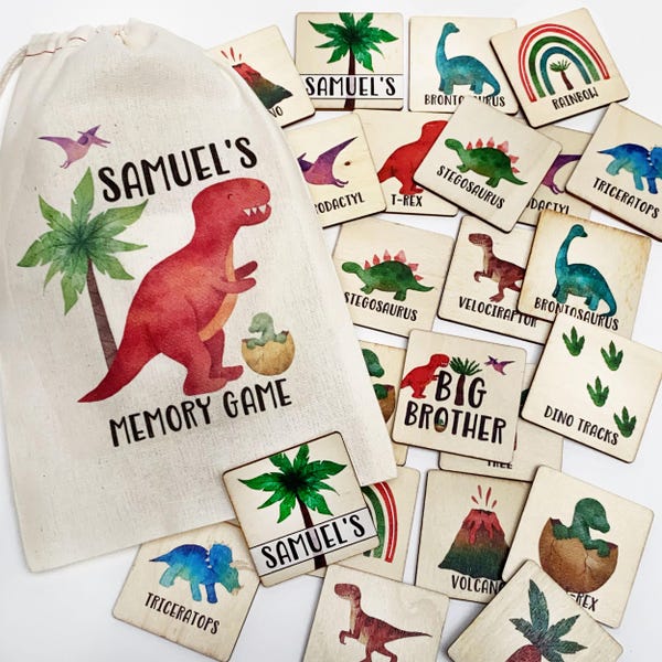 Personalized Dinosaur Wooden Memory Matching Game | Custom Kids Gift | Montessori Learning Toy | Preschool Matching Game