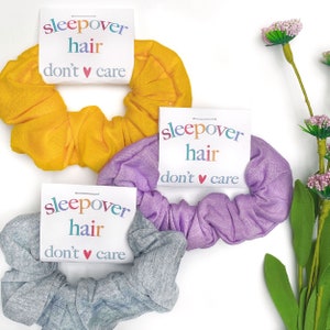 Sleepover Hair Don't Care Scrunchies + Tags - Girls Slumber Party Favors - Sleepover Squad Favors - Bulk Sleepover Birthday Gifts for Guests