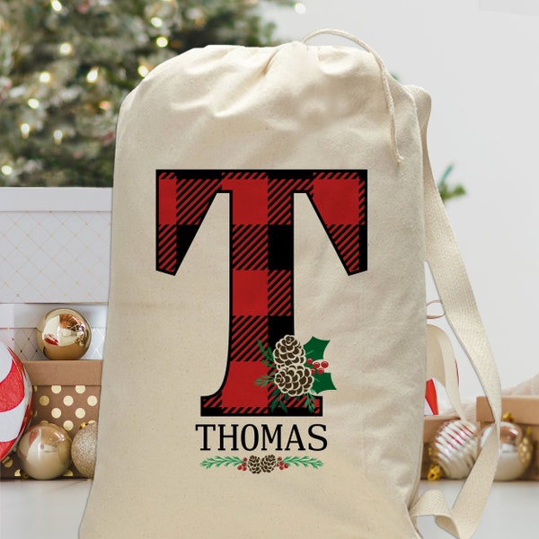 Monogrammed Christmas Gift Bag - Plaid Santa Sack with Name - XL Christmas Bag for Large, Oversized & Hard to Wrap Gifts from Santa Claus