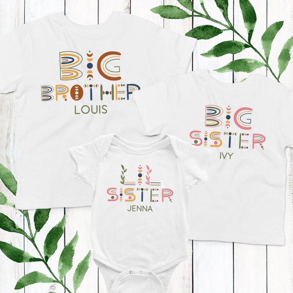 Big Brother + Little Sister Outfits - Boho Earth Tone Matching Brother and Sister Shirt Set - Personalized Big + Lil Sibling Shirt with Name