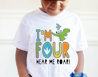 Personalized Dinosaur 4th Birthday Shirt: "I'm Four Hear Me Roar" Tee