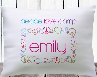 Girls Camp Pillowcase - Summer Camp Autograph Pillow - Tween Girl Pillow Cover with Name - Peace Love & Camp Pillow - Sleepaway Camp Gifts