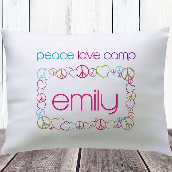 Girls Camp Pillowcase - Summer Camp Autograph Pillow - Tween Girl Pillow Cover with Name - Peace Love & Camp Pillow - Sleepaway Camp Gifts