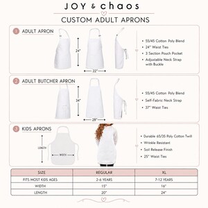 May include: A white apron size guide featuring three categories: Adult Apron, Adult Butcher Apron, and Kids Aprons. The chart displays dimensions in inches, including 24-inch waist ties, 34-inch lengths, and 28-inch widths for various apron styles.