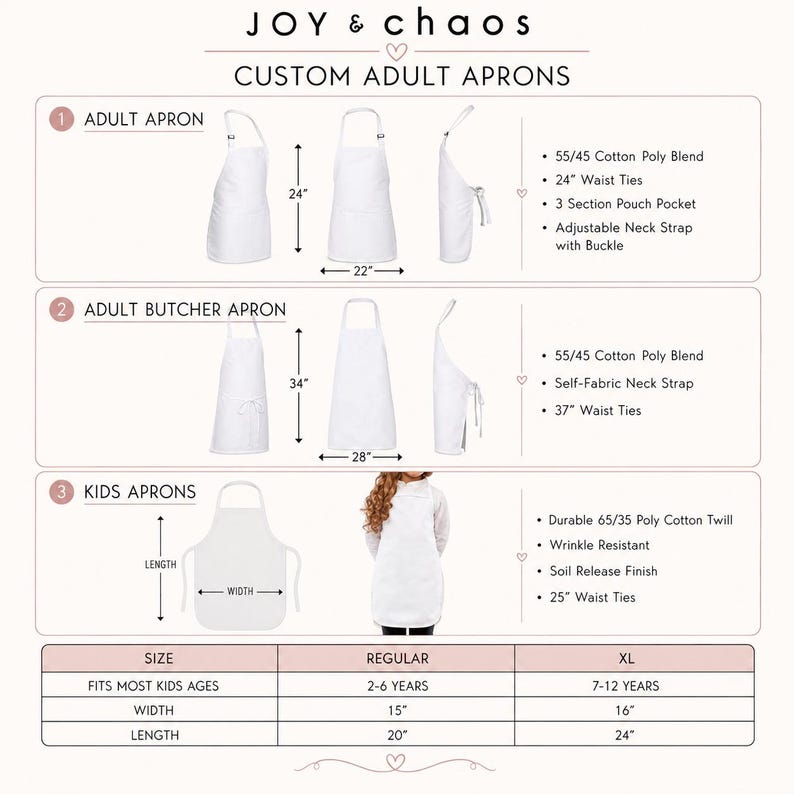 May include: A white apron size guide featuring three categories: Adult Apron, Adult Butcher Apron, and Kids Aprons. The chart displays dimensions in inches, including 24-inch waist ties, 34-inch lengths, and 28-inch widths for various apron styles.