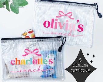 Personalized Kids Snack Bag with Bow | Custom Reusable Mesh Snack Pouch | School, Daycare & Travel Bag