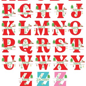 May include: A set of red, green, and gold Christmas monogram letters with a split design. Each letter has a Christmas tree, ornaments, and presents. The letters are available in red, blue, and pink.