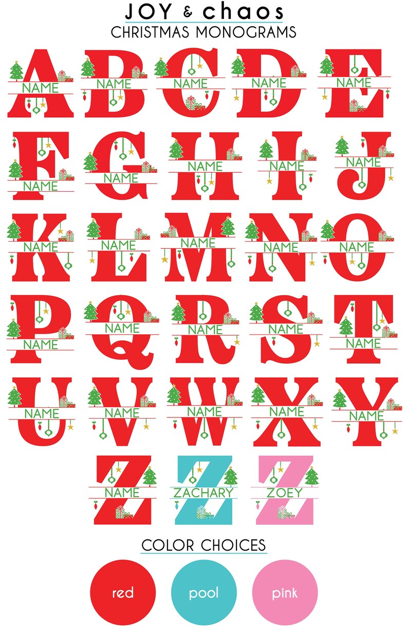 May include: A set of red, green, and gold Christmas monogram letters with a split design. Each letter has a Christmas tree, ornaments, and presents. The letters are available in red, blue, and pink.
